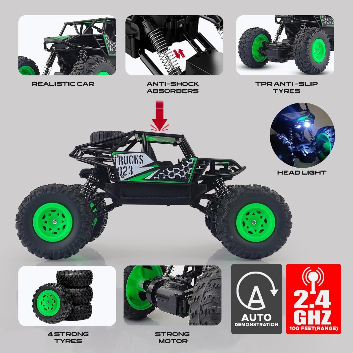 Rechargeable 4x4 Rock Crawling Rally Car – Green RC Monster Truck